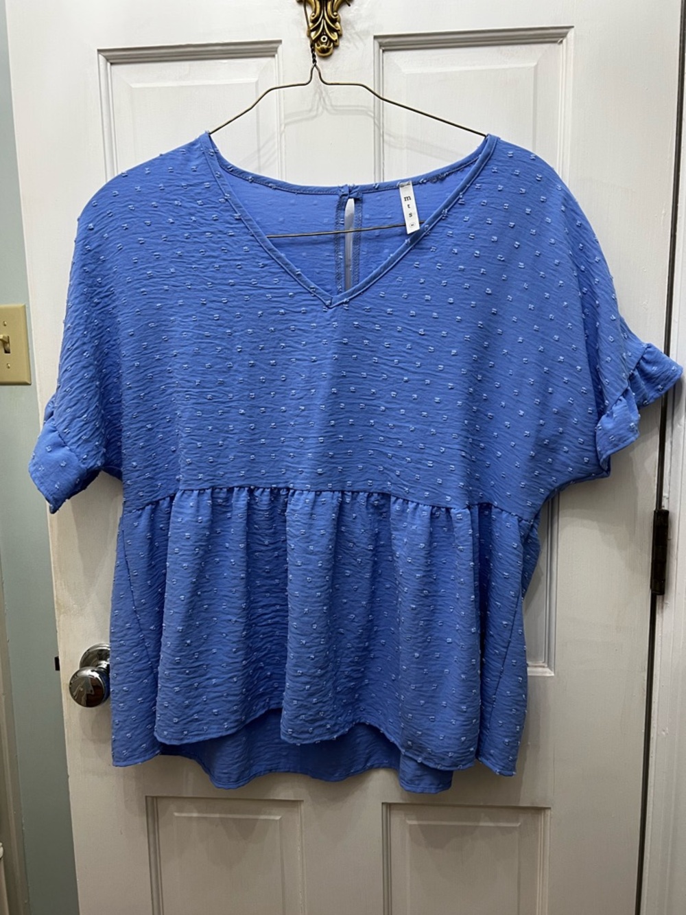 mts Blue V-Neck Peplum Dot-Texture Blouse